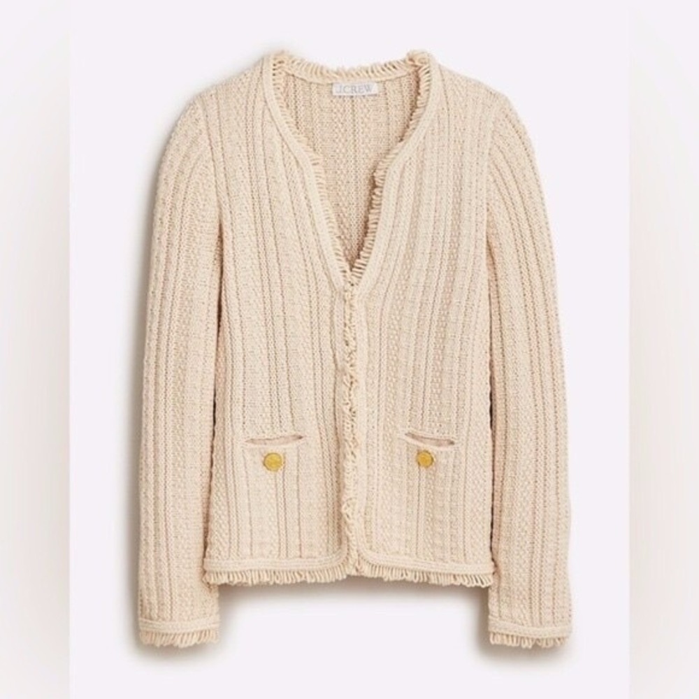 J.Crew Emilie Sweater Lady Jacket Cream Fringe Knit Cardigan BS975 Small